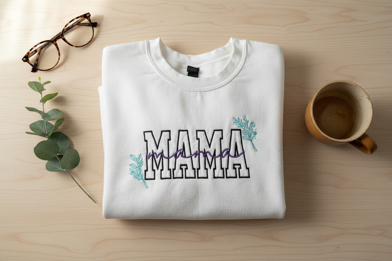 Custom Mama Embroidered Sweatshirt Flat Lay. MAMA in block letters with cursive mama across it and custom birth flowers added.