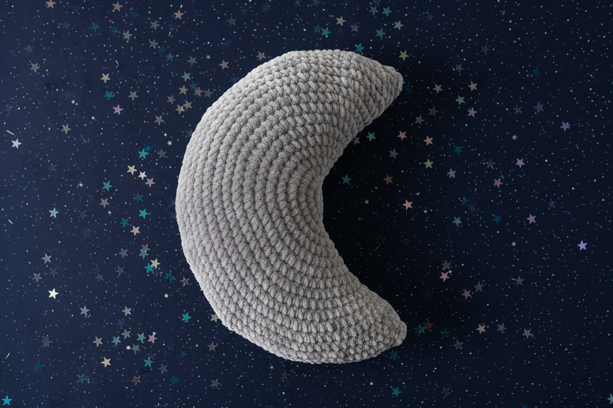 Night, Night Moon - Starry Night Flat Lay with grey crocheted crescent moon