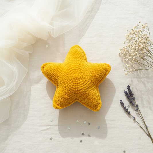Star in the Sky - Flat Lay. Yellow crocheted star.